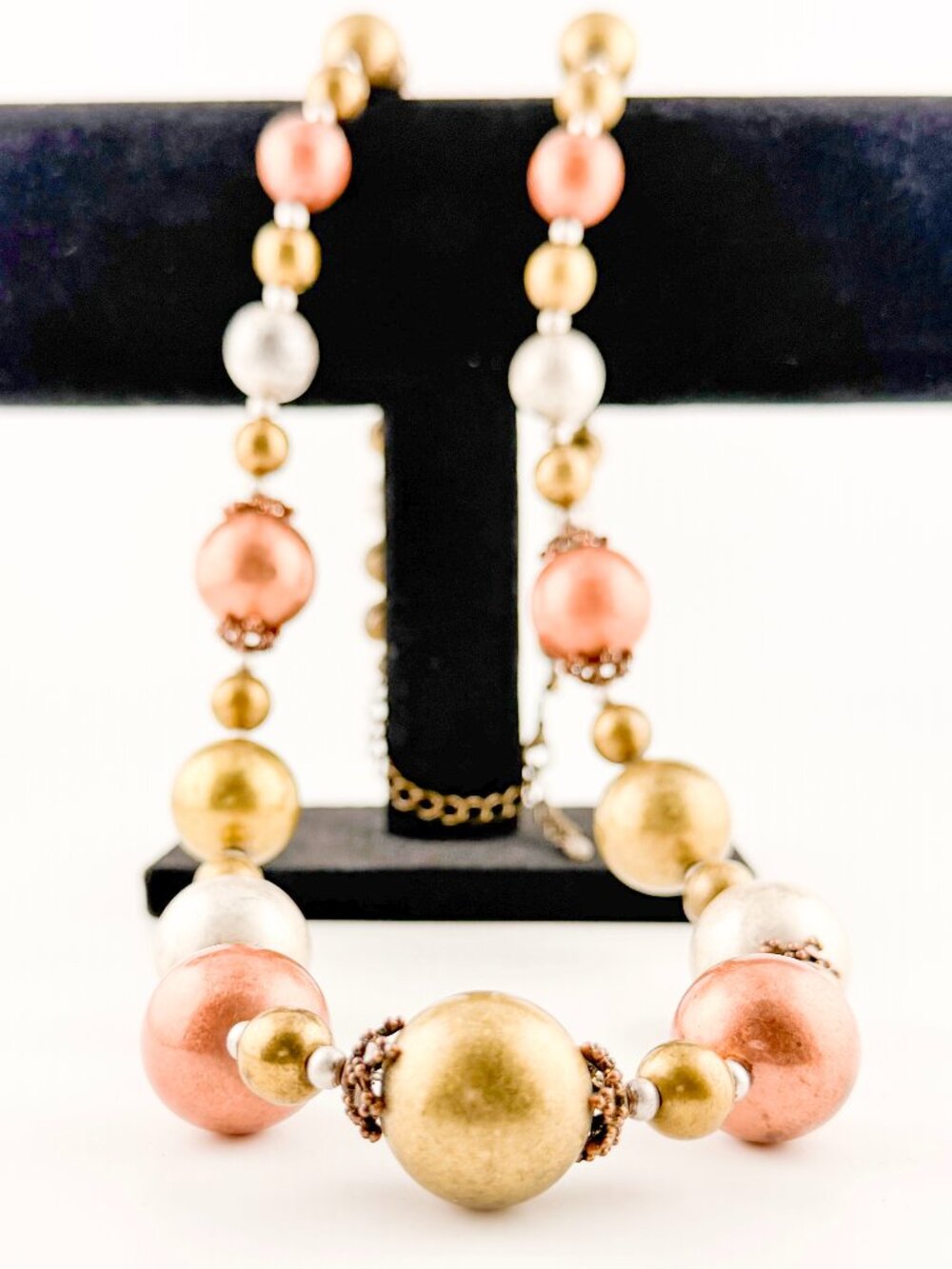 VCLM Tri Tone Metallic Chunky Bead Long Statement Necklace 32"